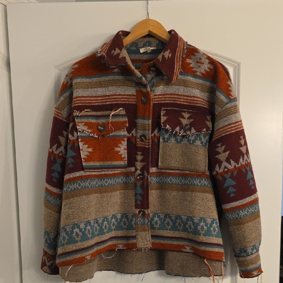 LA MIEL Jackets & Blazers - LA MIEL Women's Aztec Button-Front Crewneck Jacket - Rust, Maroon, Teal, Tan